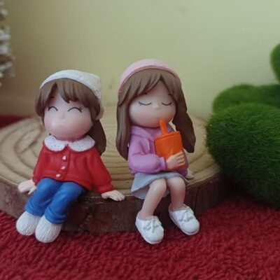 Miniature Girl Drink Coffee Pair Red Fairy Garden Figurine (Resin Decor)