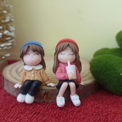 Miniature Girl Drinking Coffee Pair Pink Fairy Garden Figurine (Resin Decor)