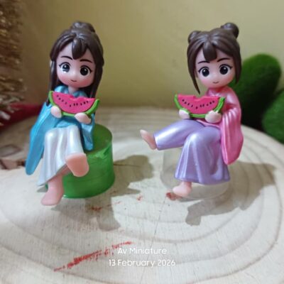 Miniature Girl Eating Watermelon Toy Purple Fairy Garden Figurine